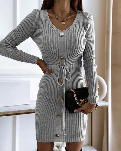 Sweaterjurk met V-Hals, Lange Mouwen, Knoopdetails en Taillekoortje