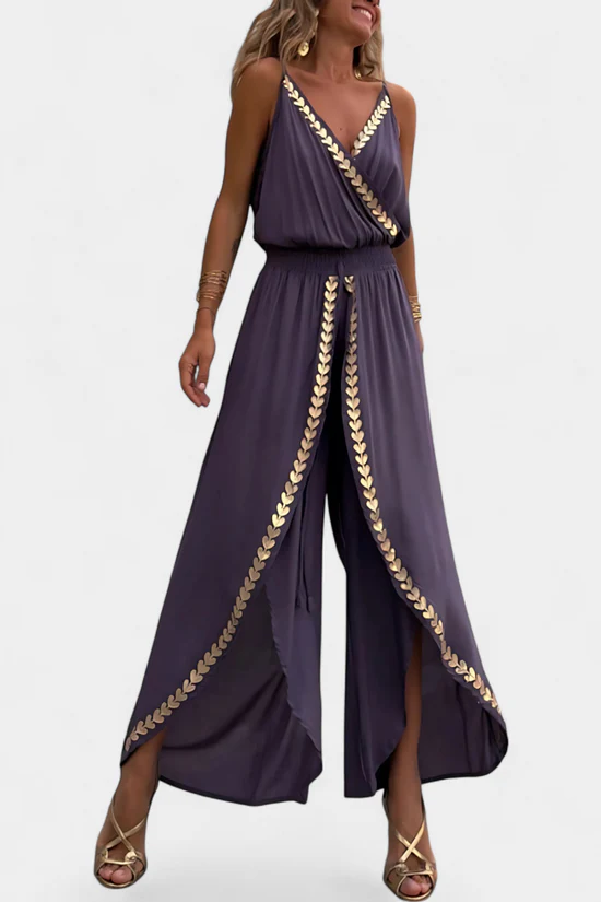 Lange elegante jumpsuit met smalle bandjes diepe halslijn en open pijpen