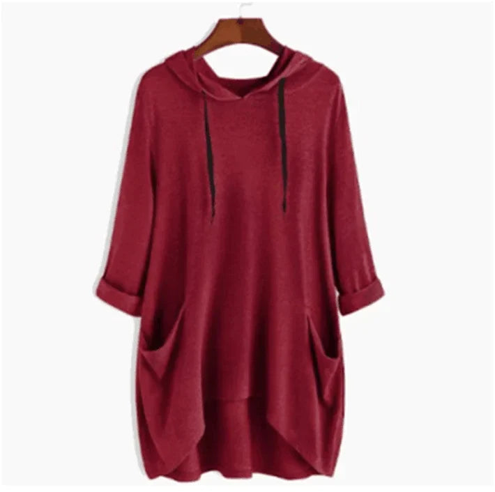 Helen - Vrouwen Hooded Solid Color Los Sweatshirt, Onregelmatige Zak Top
