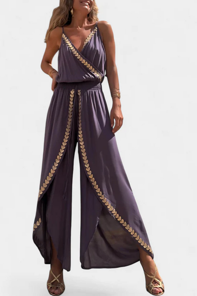 Lange elegante jumpsuit met smalle bandjes diepe halslijn en open pijpen