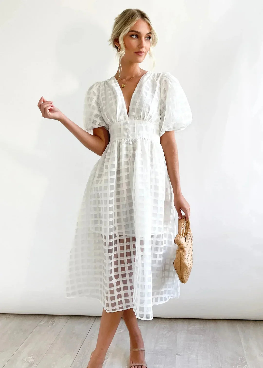 Nicole - Midi jurk met vierkante print en mouwen met ruches by Beauty
