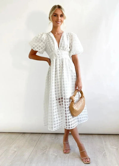 Nicole - Midi jurk met vierkante print en mouwen met ruches by Beauty
