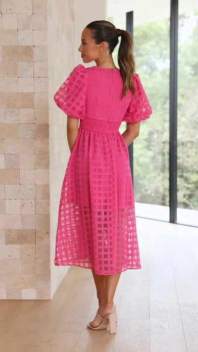 Nicole - Midi jurk met vierkante print en mouwen met ruches by Beauty