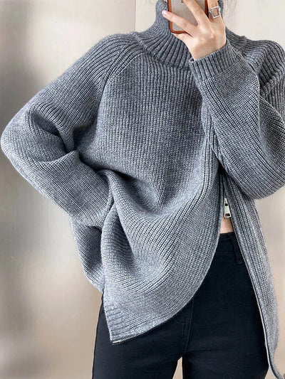 Vrouwen Zipper Hoge Hals Trui met Lange Mouwen en Loose Fit