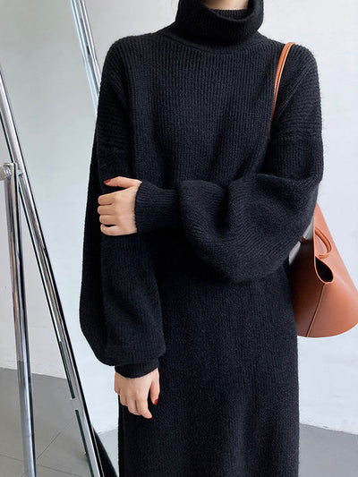 Lila Losse Hoge Hals Lange Puff Mouw Trui Jurk - Perfect voor Casual Chic
