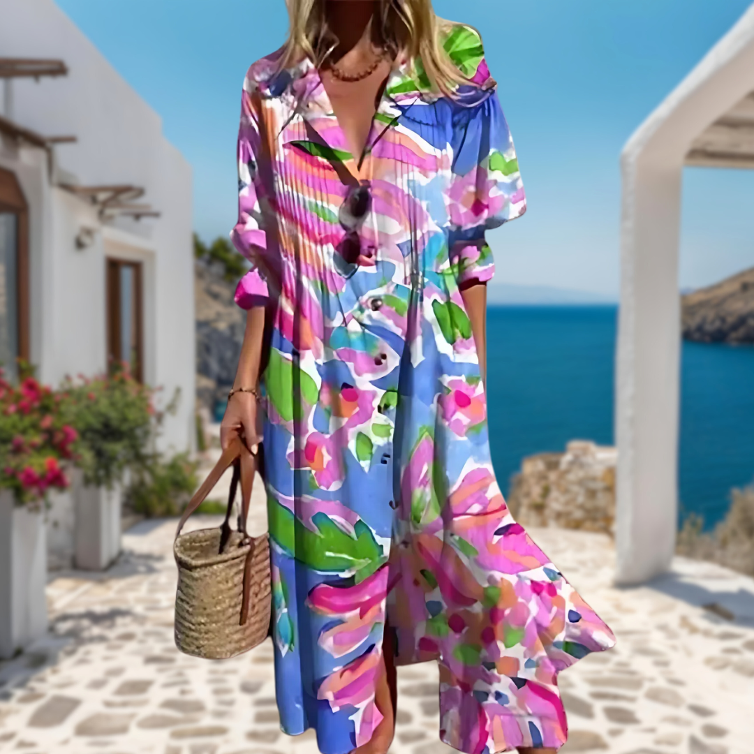 Stijlvolle zomer maxi-jurk met knopen en print