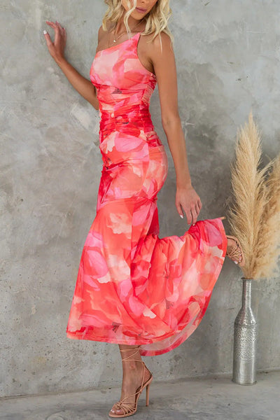 Maxi jurk met bloemenprint en geplooide details in asymmetrische stijl