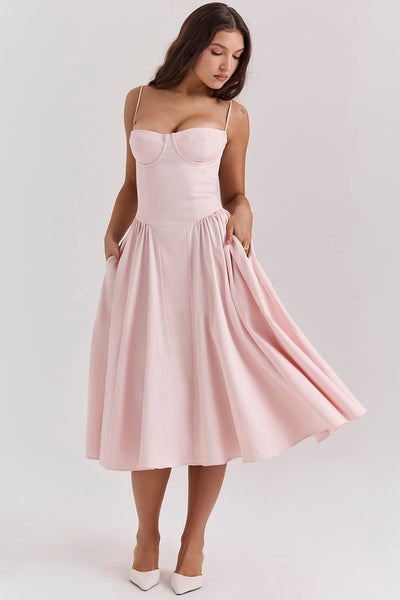 Midi jurk met corsetlook en fijne bandjes