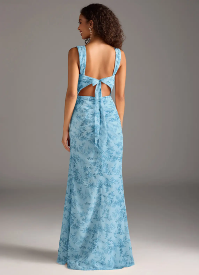 Elegante maxi jurk met vierkante halslijn en bladerenprint