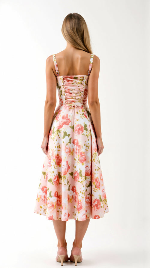 Elegante midi jurk zonder mouwen met bloemenmotief