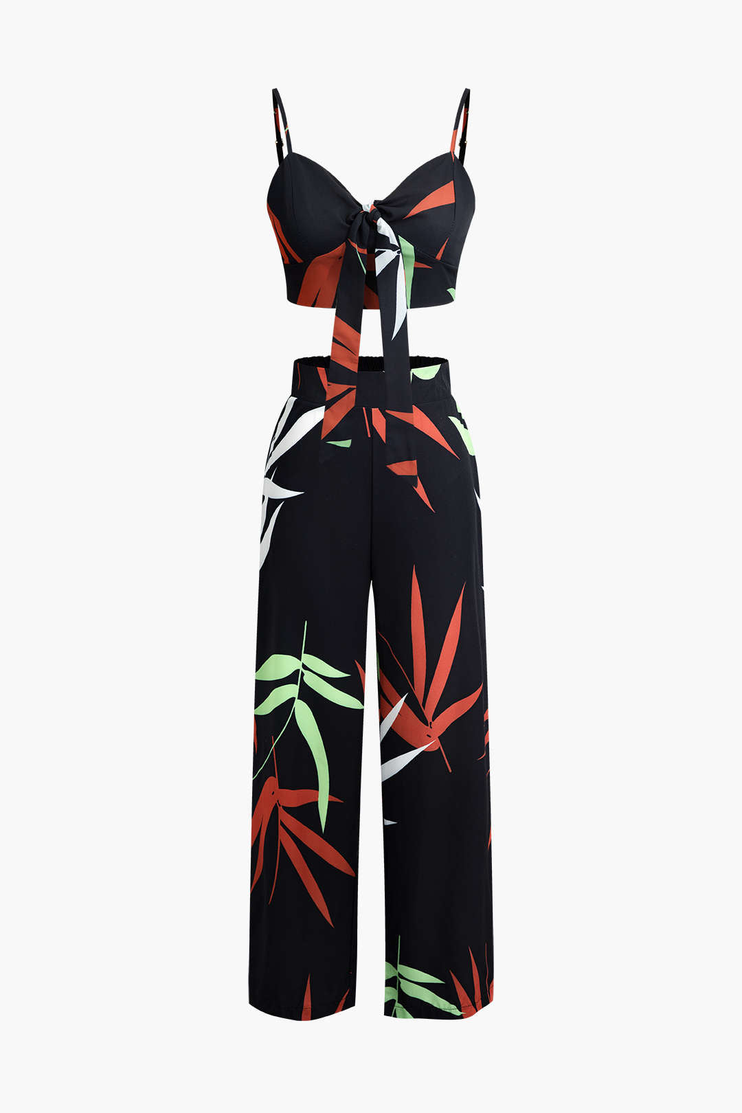 Tweedelige set met cropped top met strikbandjes en wijde broek met bamboebladerenprint