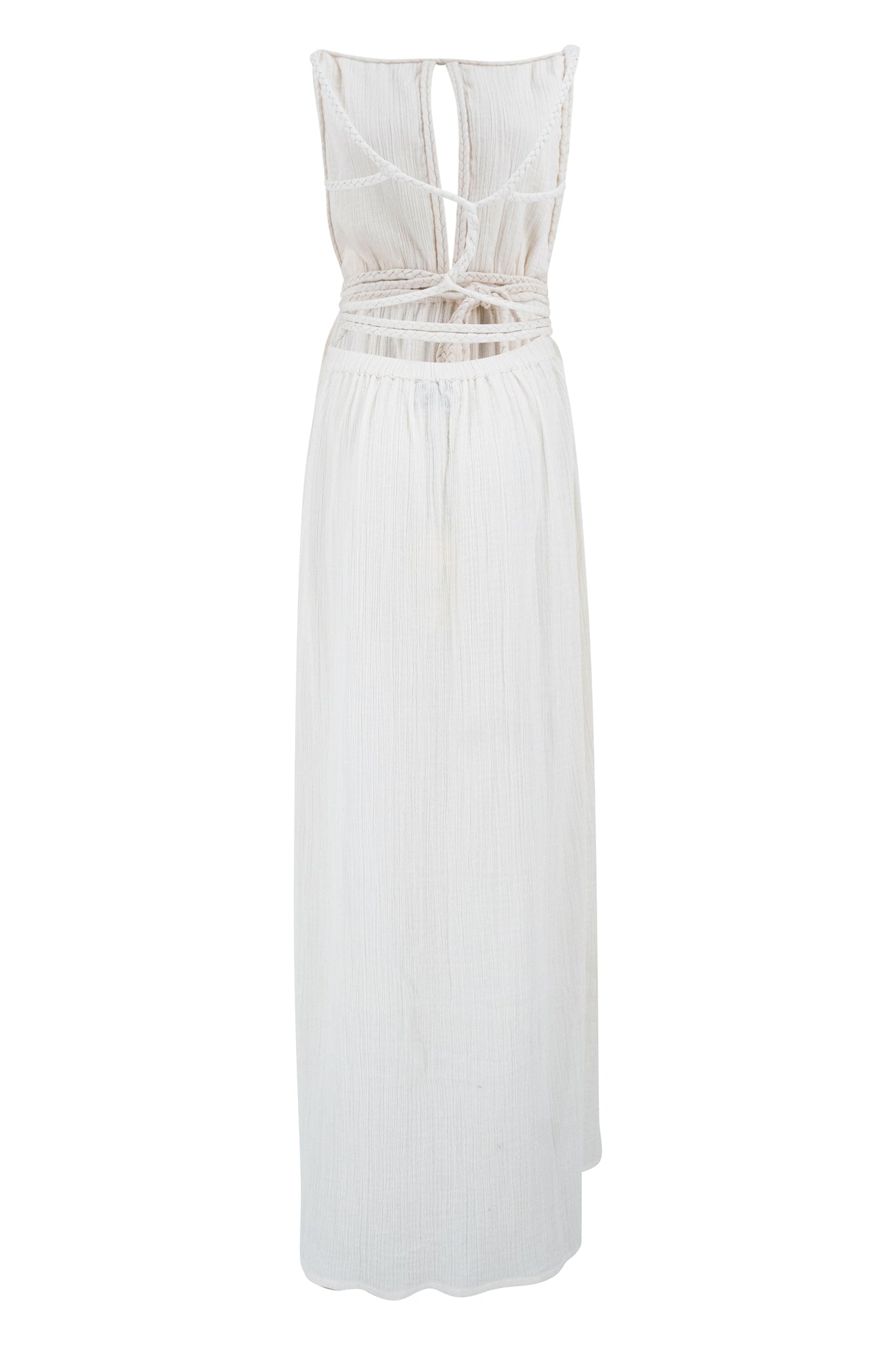 Elegante maxi jurk met open achterkant en sierlinten in bohemien stijl