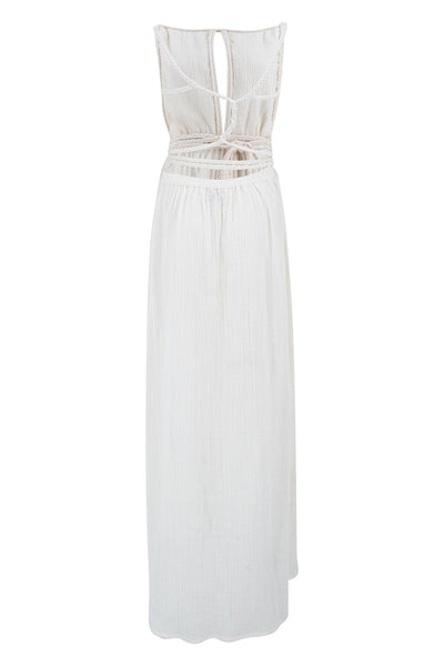 Elegante maxi jurk met open achterkant en sierlinten in bohemien stijl
