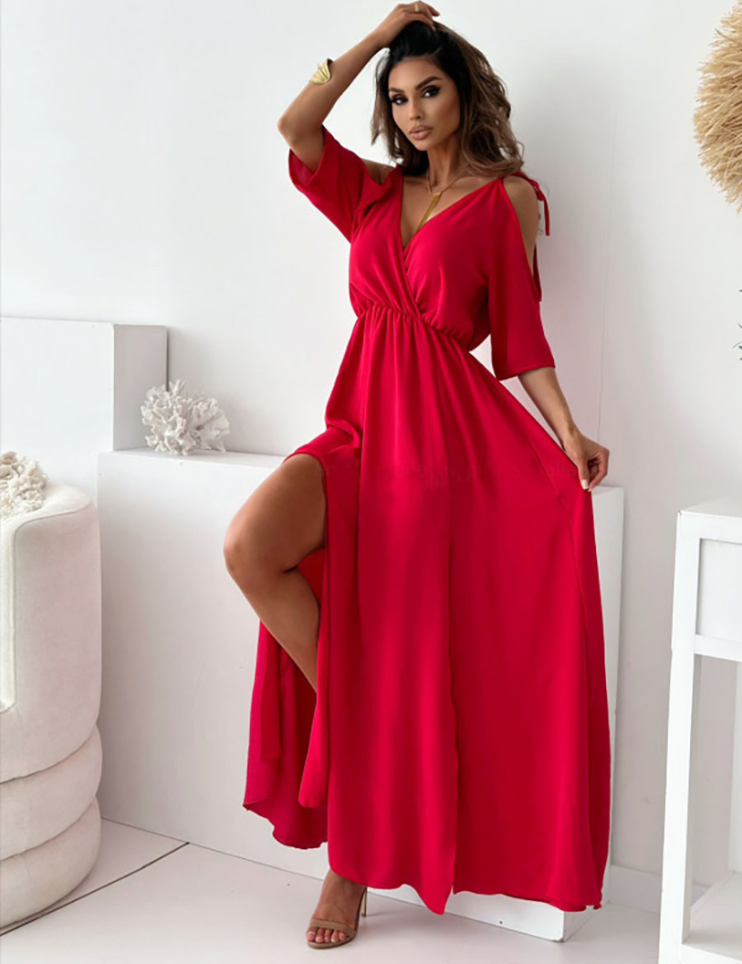Maxi jurk met diepe v hals en open mouwen