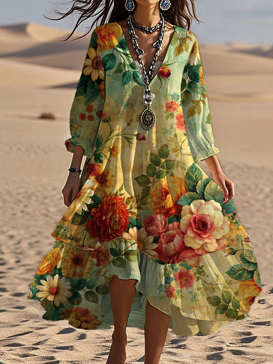 Vintage boho jurk met bloemenpatroon en elegante midi lengte