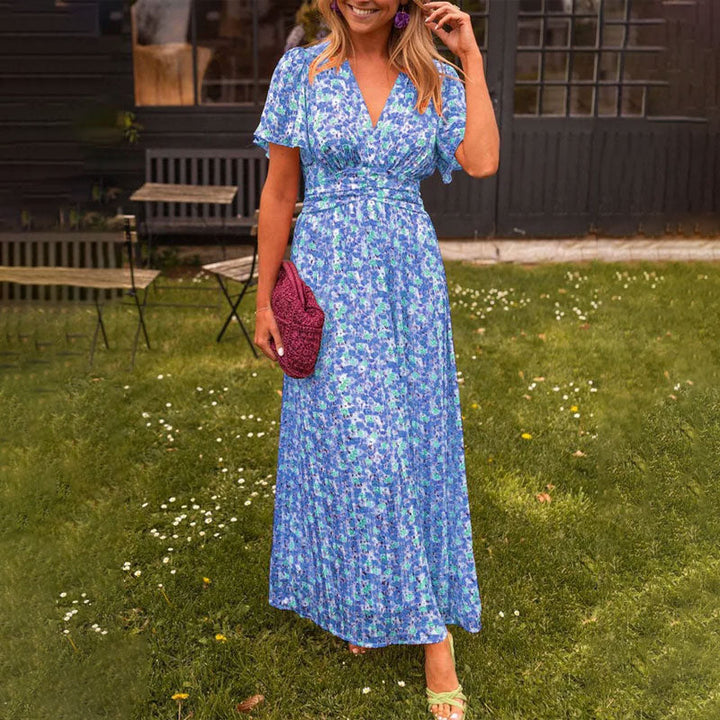 Zomer maxi jurk met bloemenprint v hals elegante stijl korte mouwen