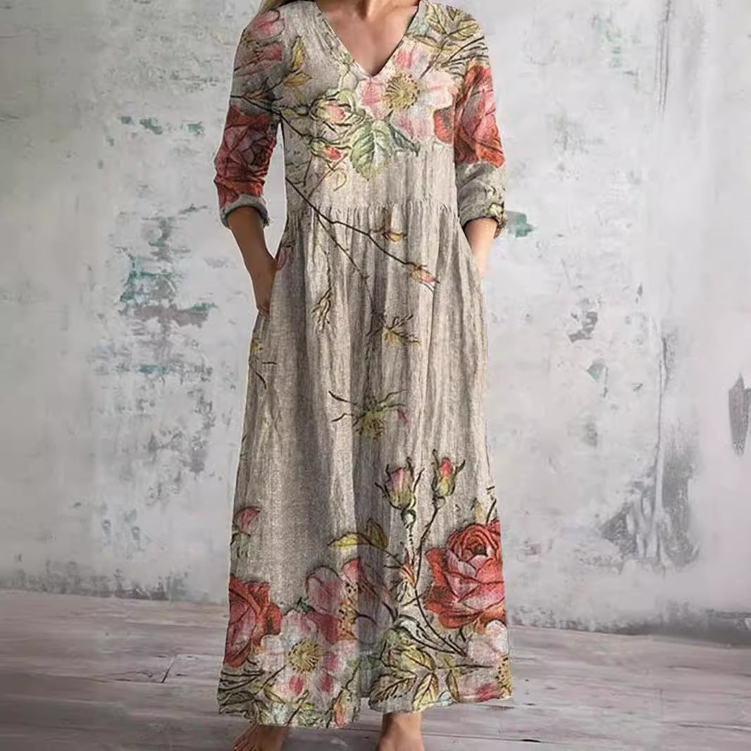 Zomerse Lange Jurk Met V Hals En Bloemenprint