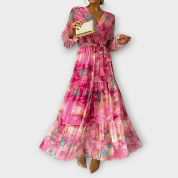 Delicate bloemen zomer maxi jurk met lange mouwen en riem
