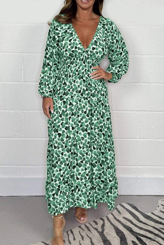Casual maxi jurk met v hals en lange mouwen