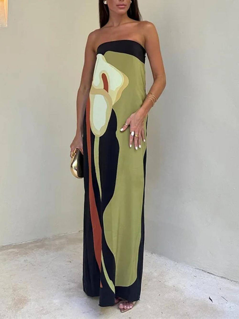 Elegante damesjurk met contrasterende print en off shoulder detail
