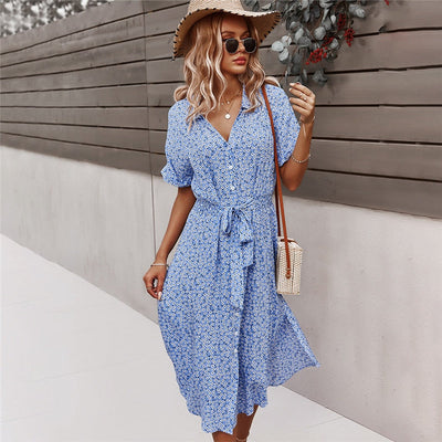 Boho midi jurk met korte mouwen knoopsluiting en v hals