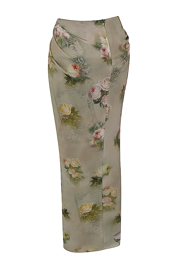 Vintage set met bloemenprint bestaande uit top met vetersluiting en lange rok