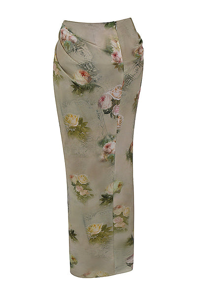 Vintage set met bloemenprint bestaande uit top met vetersluiting en lange rok