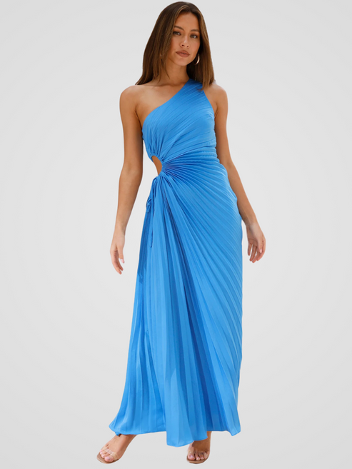 Plissé maxi jurk met asymmetrische schouderlijn