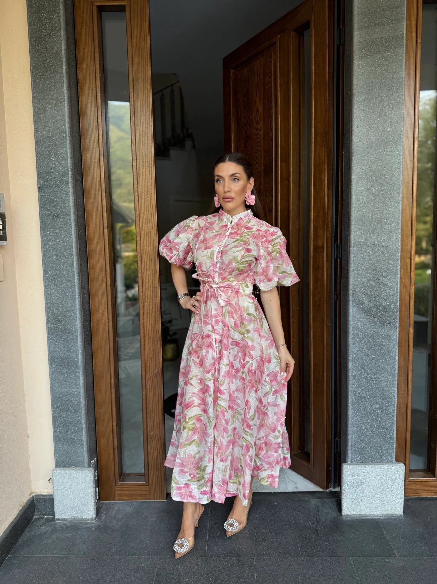 Boho maxi jurk met knopen ceintuur en wijde korte mouwen