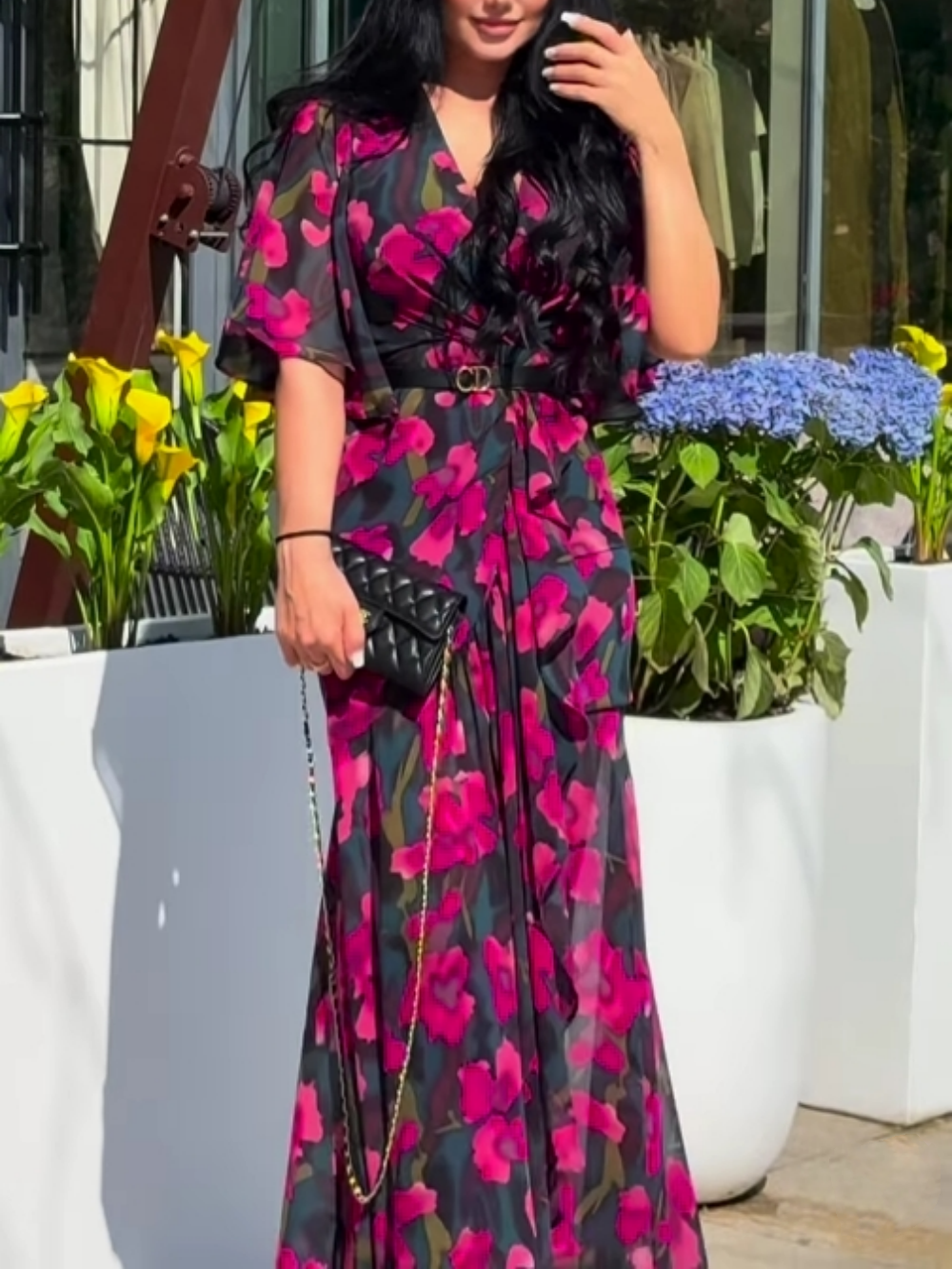 Retro lange jurk met bloemenprint en wijde mouwen