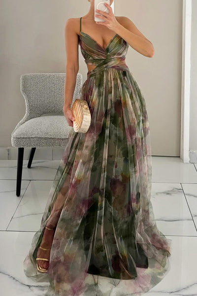 Elegante maxi jurk met dunne bandjes en artistiek bloemenmotief