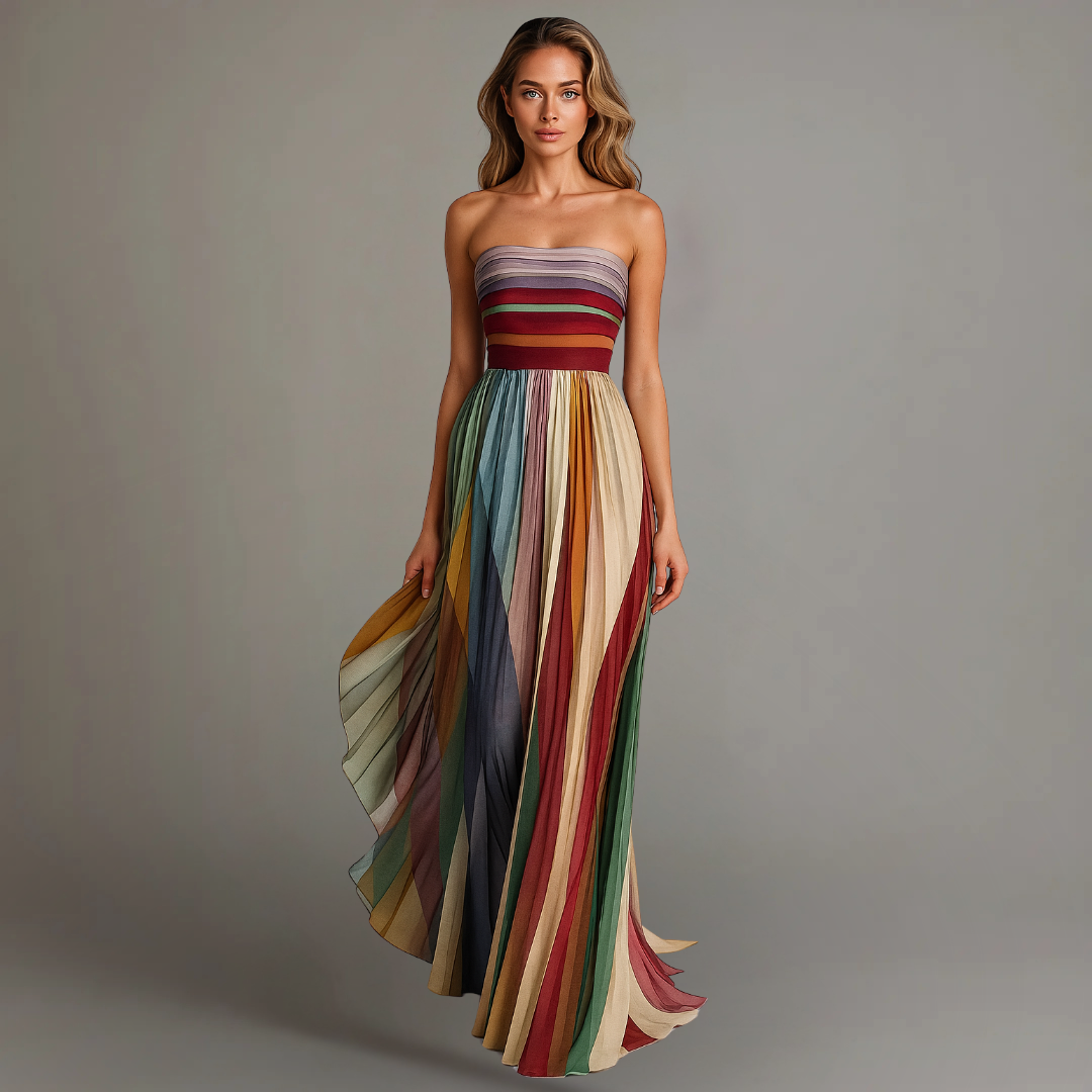 Elegante strapless maxi jurk met plooien en verloop effect