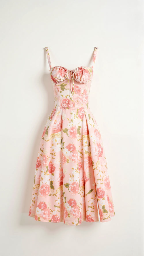 Elegante midi jurk zonder mouwen met bloemenmotief
