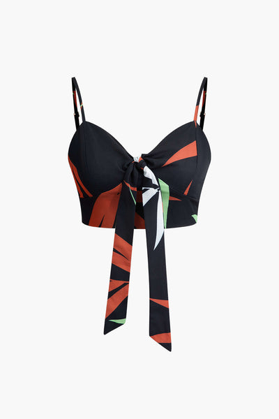 Tweedelige set met cropped top met strikbandjes en wijde broek met bamboebladerenprint