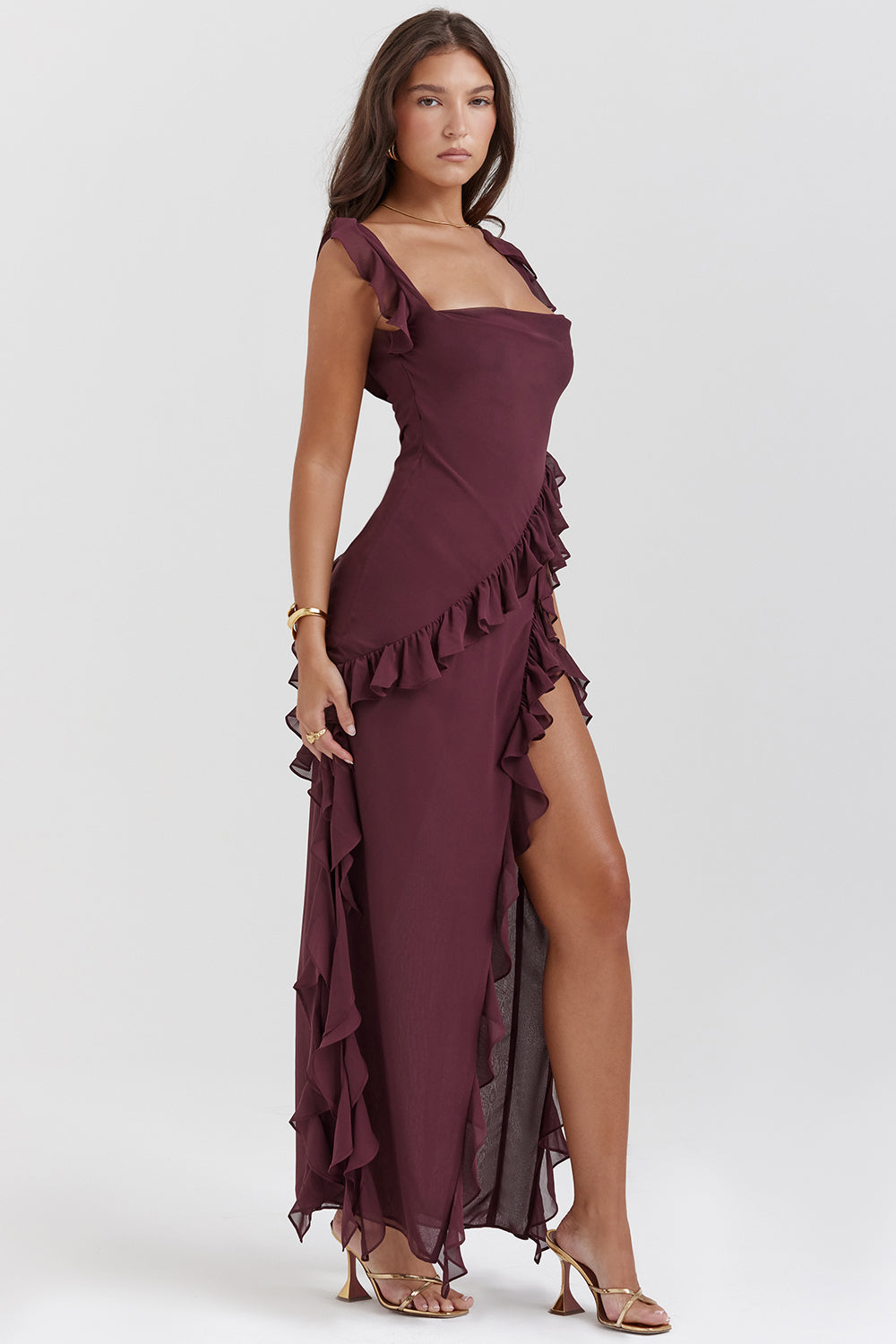 Elegante maxi jurk met geplooide details op de schouderbanden
