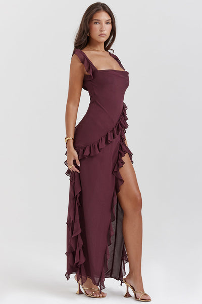 Elegante maxi jurk met geplooide details op de schouderbanden