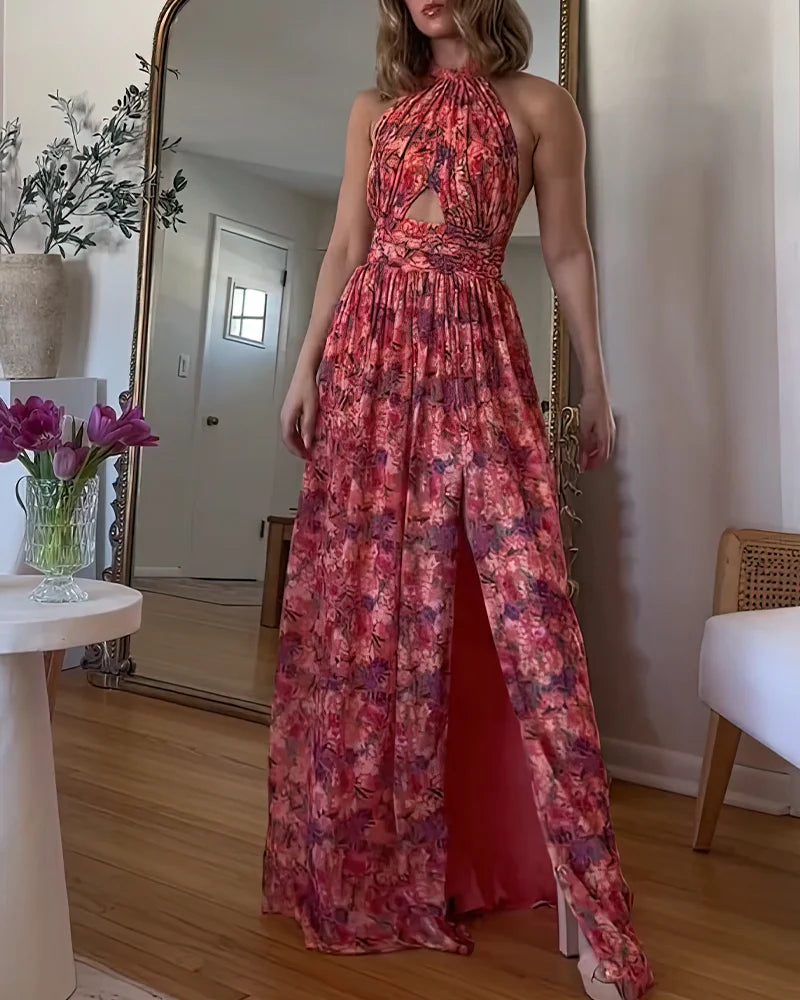 Lange halterjurk met bloemenprint en open rug voor zomerse dagen