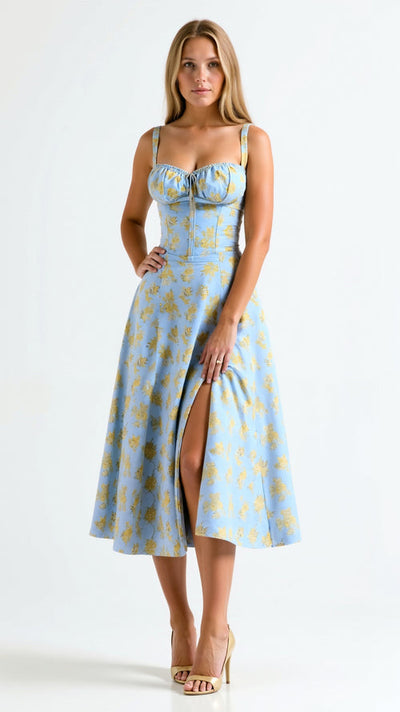 Elegante midi jurk zonder mouwen met bloemenmotief
