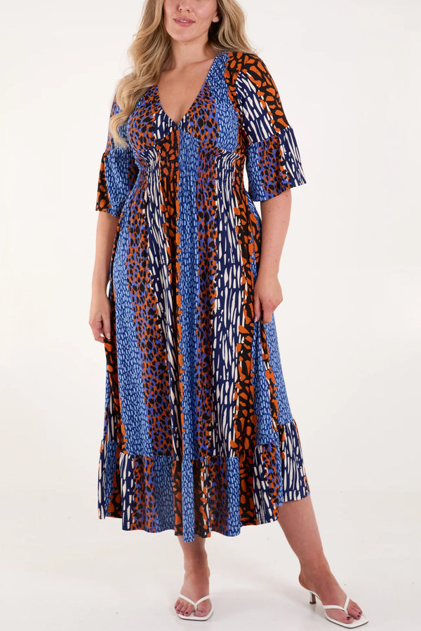 Lange casual damesjurk met print korte mouwen en moderne halslijn