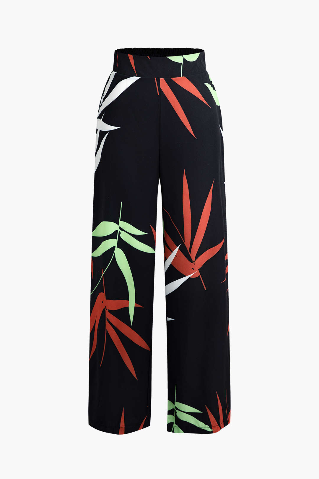 Tweedelige set met cropped top met strikbandjes en wijde broek met bamboebladerenprint