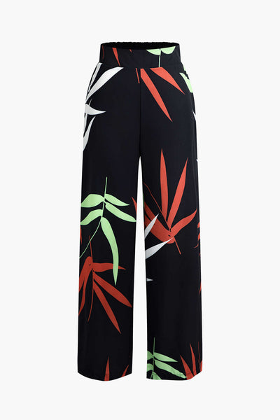 Tweedelige set met cropped top met strikbandjes en wijde broek met bamboebladerenprint