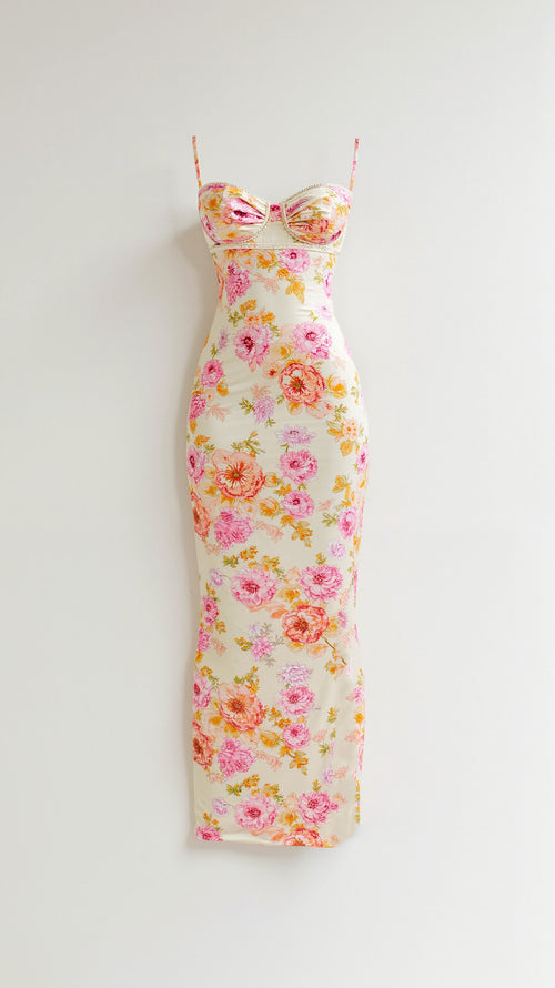 Lange damesjurk met bloemenmotief en fijne bandjes