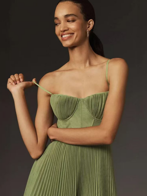 Midi-jurk met geplooide afwerking en korsetlook met fijne bandjes voor een elegante uitstraling
