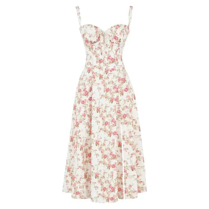 Zomerse midi jurk met bandjes en verfijnde pasvorm voor elke gelegenheid
