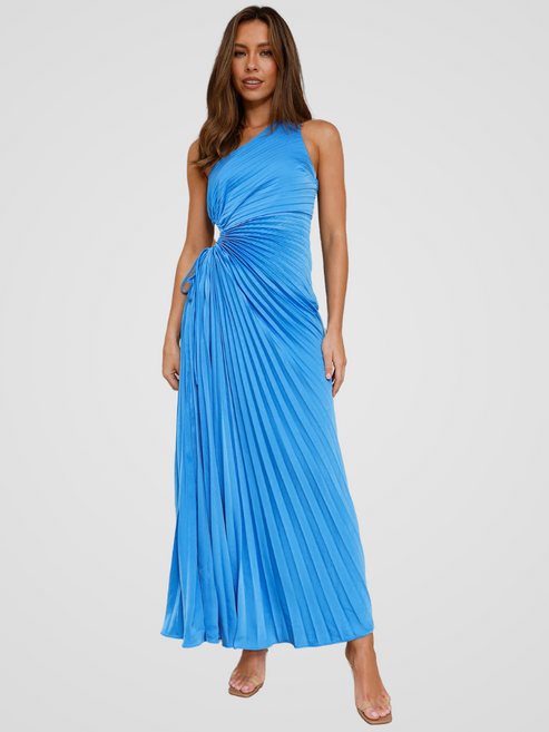 Plissé maxi jurk met asymmetrische schouderlijn