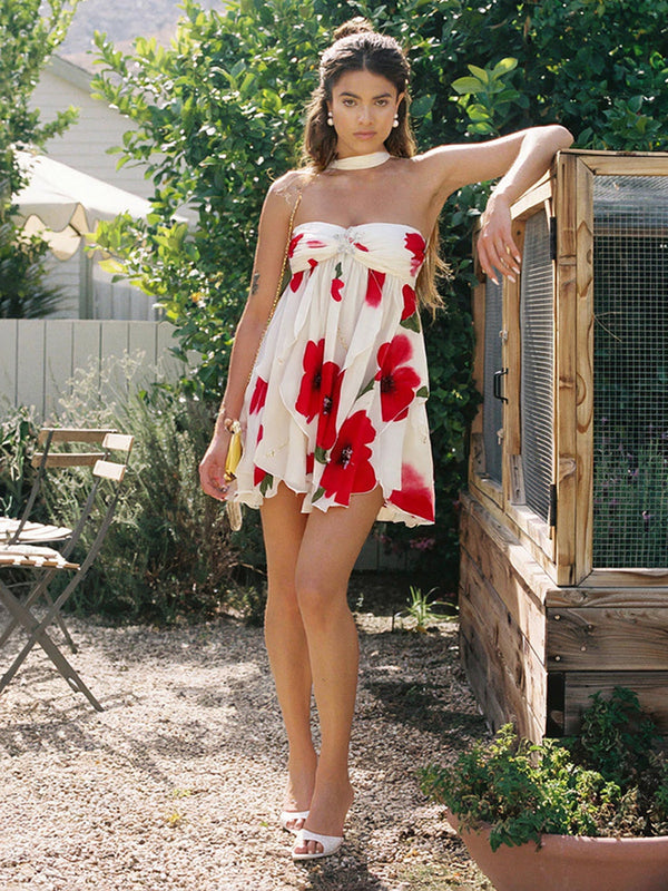 Mini halterjurk voor dames met bloemenprint en romantische uitstraling