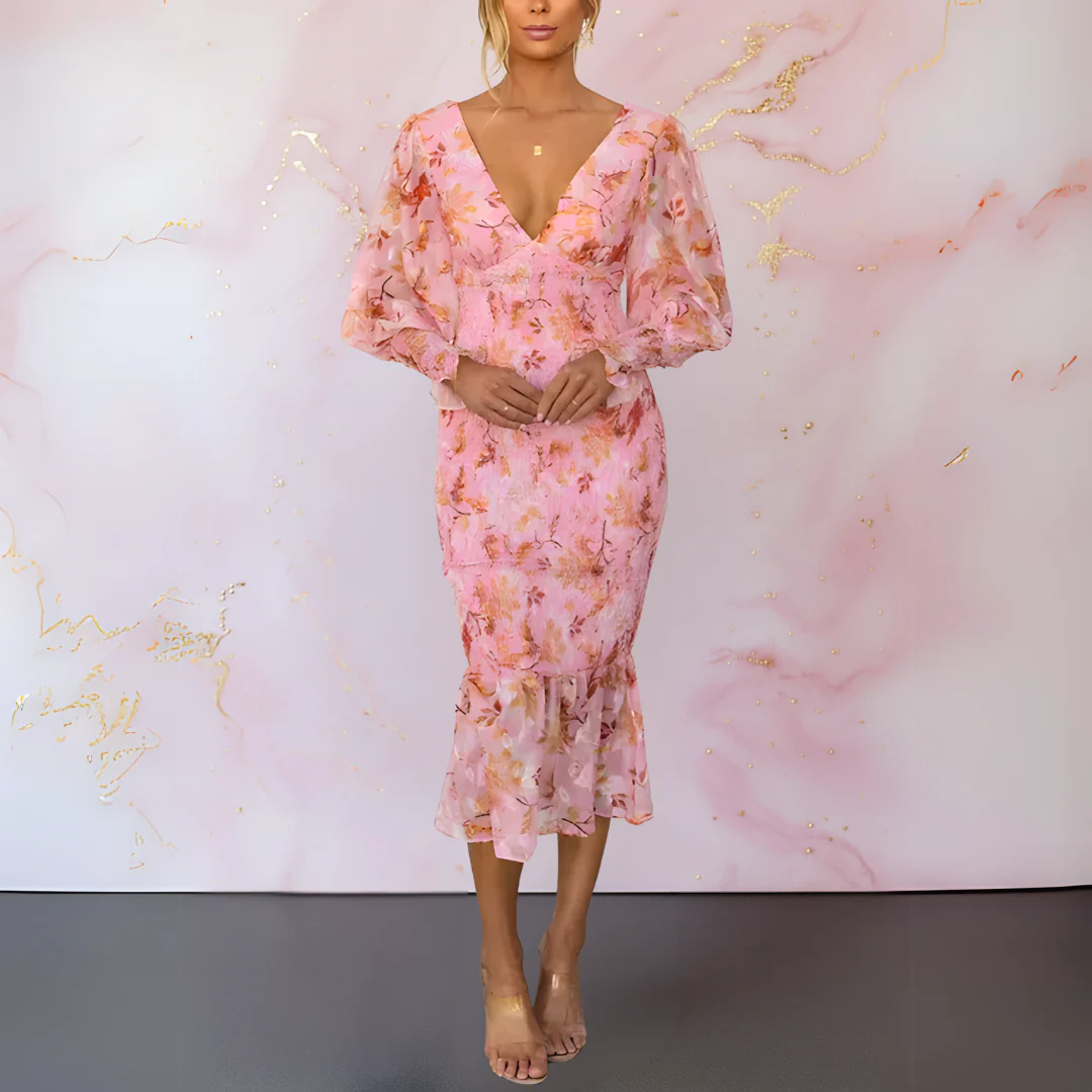 Elegante midi jurk met bloemenprint V-hals en lange pofmouwen