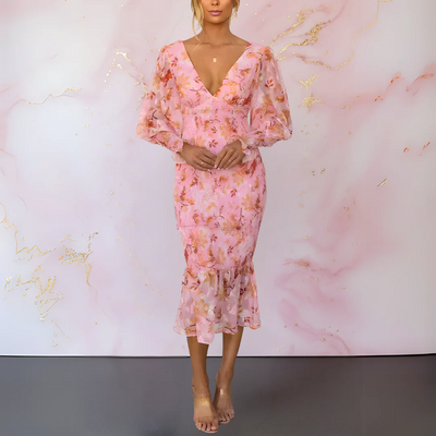 Elegante midi jurk met bloemenprint V-hals en lange pofmouwen