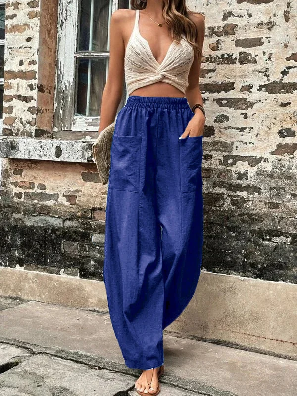 Malena damesbroek oversized, elastische zakken, eenkleurig, losse broek