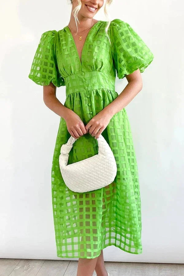 Nicole - Midi jurk met vierkante print en mouwen met ruches by Beauty